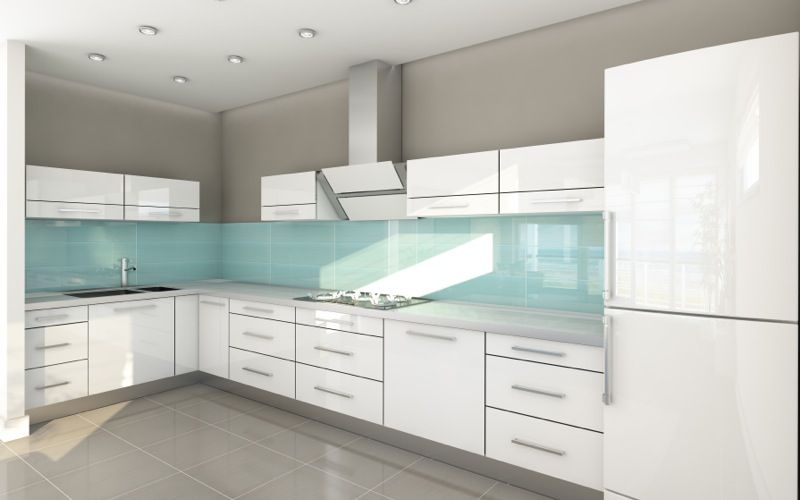 Mẫu tủ bếp Acrylic mặt phủ kính cường lực